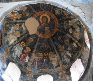 Pankrator fresco in central dome of Peribleptos church, Mistra, Greece 